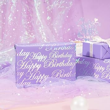 WRAPAHOLIC Reversible Birthday Wrapping Paper - Mini Roll - 17 Inch x 9.8 Feet - Puprle and Silver Foil Happy Birthday Wrapping Paper for Girls, Women, Kids, Baby Shower