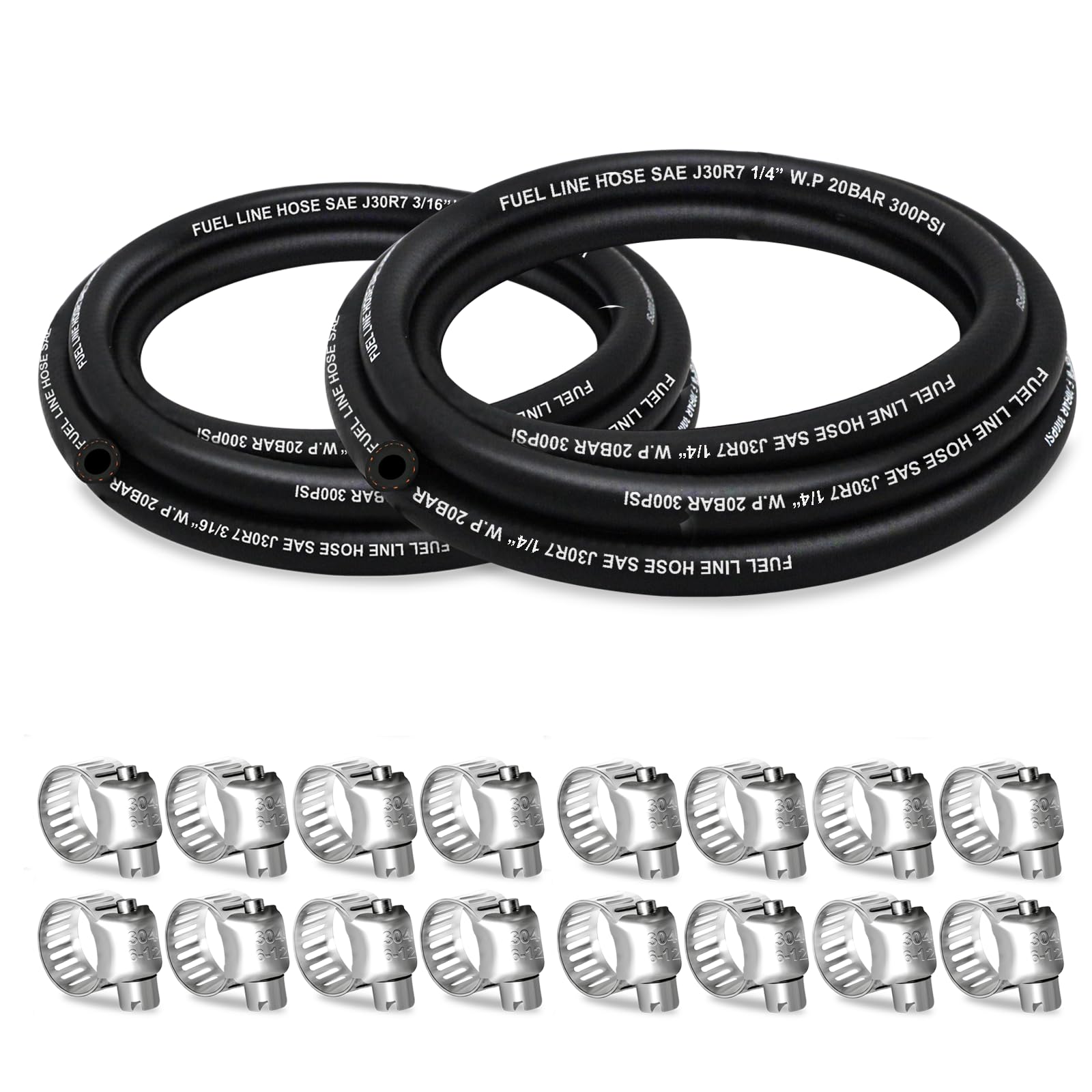 HOUSUN Fuel Line 3/16 1/4 Inch ID, Fuel Hose 10FT 300PSI High-Pressure with 20 Clamps., J30R7 Fuel Line Hose NBR.