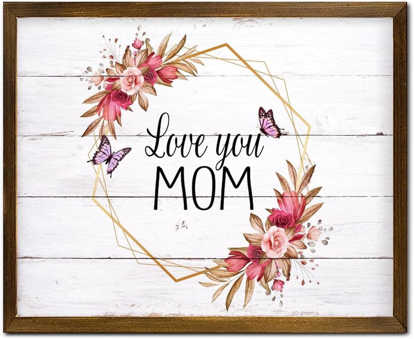 Love You Mom Framed Wooden Sign Fresh Sunflower Flower Wreath Wooden Wall Sign Rustic Botanical Artwork Wood Hanging Sign Decor for Home Kitchen Living Room Table 16x20 Inch