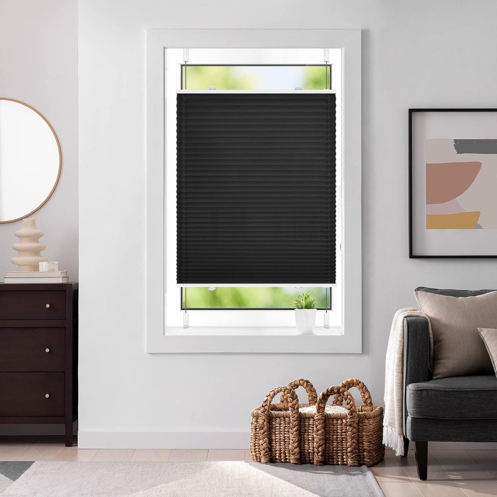 No Drill Blinds Non-woven Fabric 100 x 220 cm Instant Stick on Light Filtering Venetian Blinds Includes All Assembly Parts for Bedroom Kitchen Bathroom Windows, Black