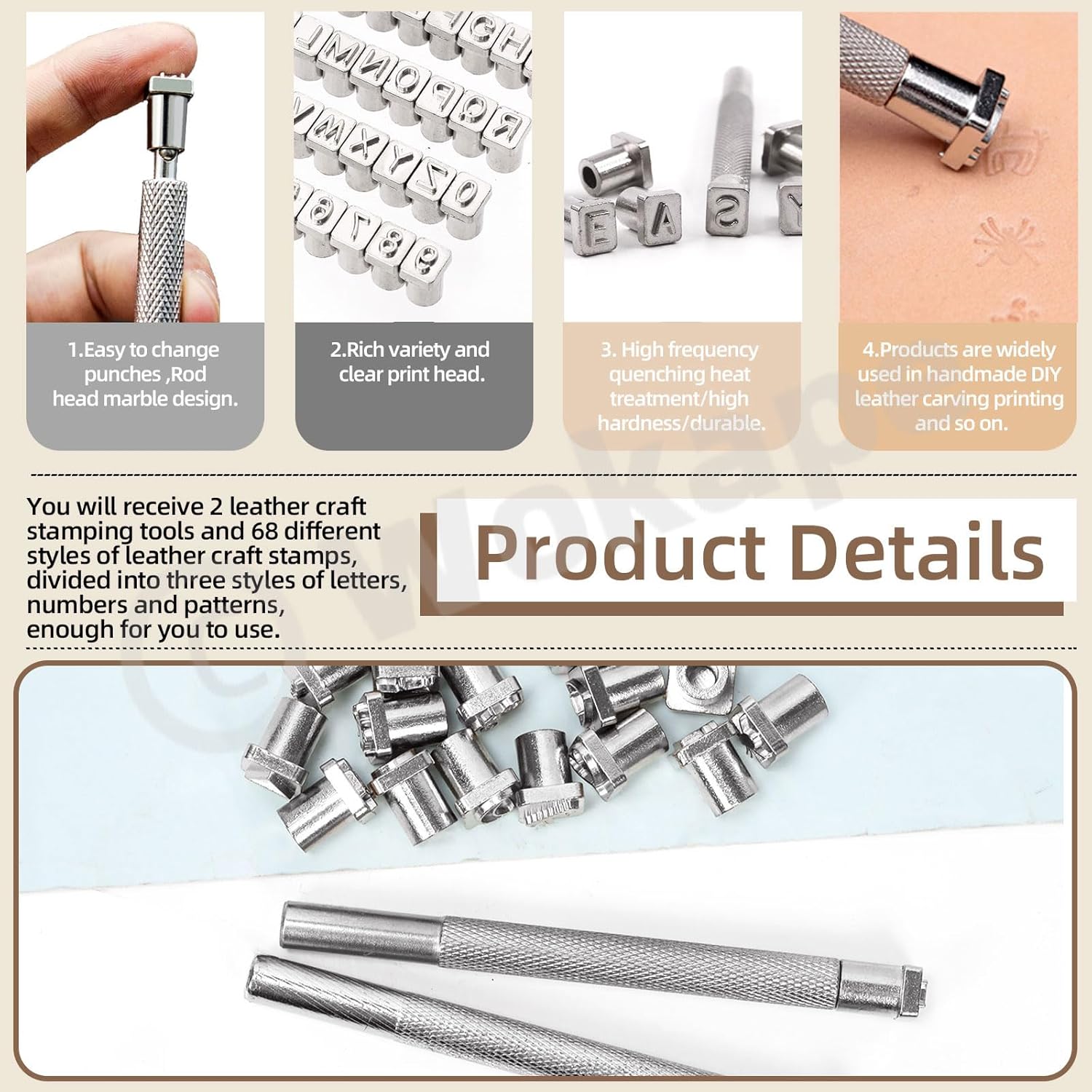 Wokape 70Pcs Leather Craft Stamping Tools, Capital Letters and Patterns Stamp Set with 32Pcs 1/4” / 6.5mm Alphabet Printings, 36Pcs 0.3"/10mm Pattern Printings, 2Pcs Leather Punch Tools for Art Craft