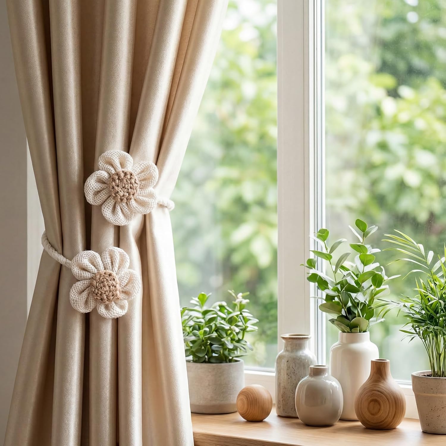 Moukeren 6 Pack Boho Sunflower Rope Curtain Tiebacks Simple Elegant Farmhouse DIY Curtain Holdbacks Accessories Wall Decoration for Home Office(Cream,Dual-Flower)