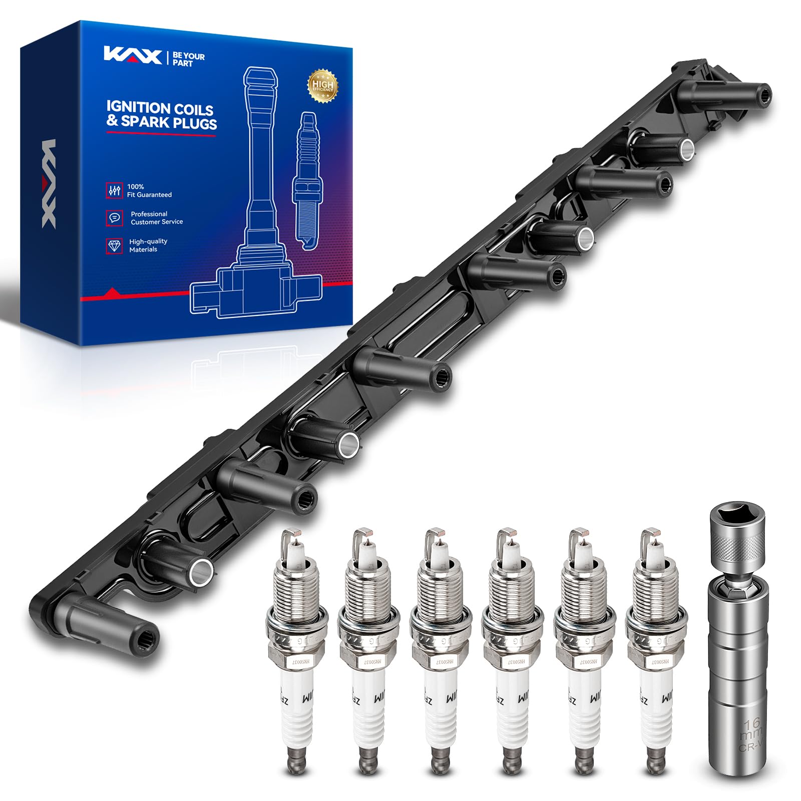 KAX 1 Ignition Coil &amp; 6 Spark Plugs Set Fit for Wrangler Grand Cherokee