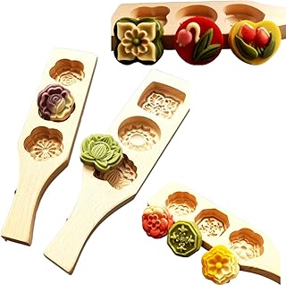 Wooden Cookie Molds, 4-Piece Mamoul Mold Set with Clover Tulip Rose Patterns, Beechwood Mooncake Mold for Baking Pastries Cookies DIY