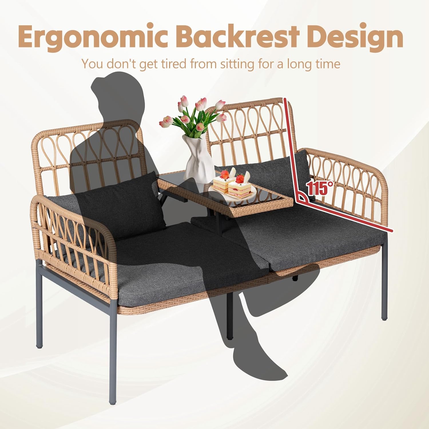 Outdoor Loveseat 2 Pieces Patio Furniture Set, Porch Furniture Wicker Large Loveseats, Patio Conversation Sets with Cushions & Lumbar Pillows and Built-in Table