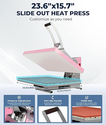 Miniatura 3 de Máquina de prensa de calor de 24 x 16 pulgadas para camisetas con pantalla LCD inteligente y pista deslizante extraíble, impresora digital de