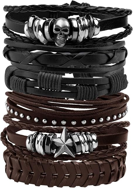 MILAKOO Leather Bracelet Black Brown Braided Wide Wristband Women Men Punk Jewelry Skull