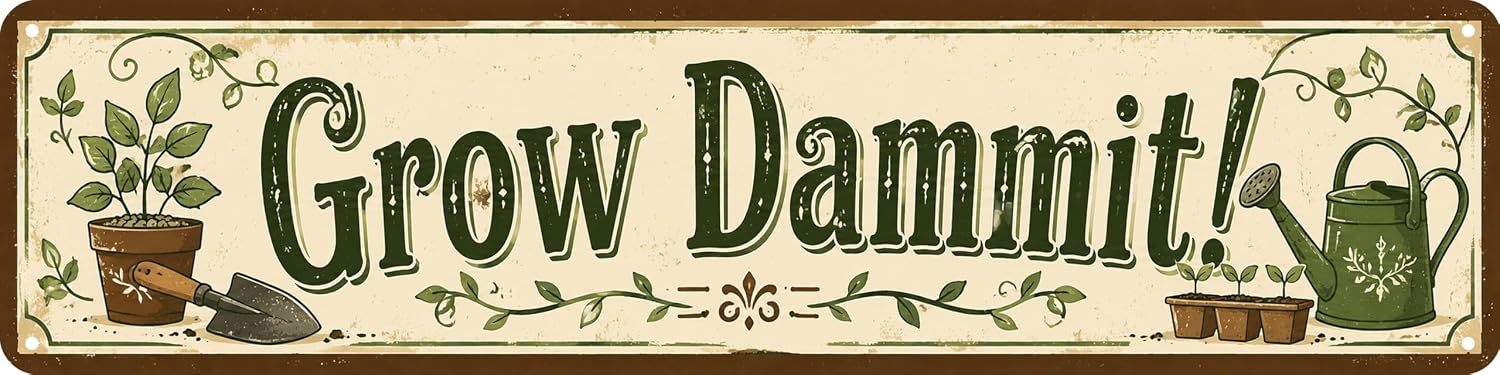 Grow Dammit Metal Sign 4x16in Gardening Humor Plaque for Greenhouse Shed Wall Decor Impatient Plant Parent Gift