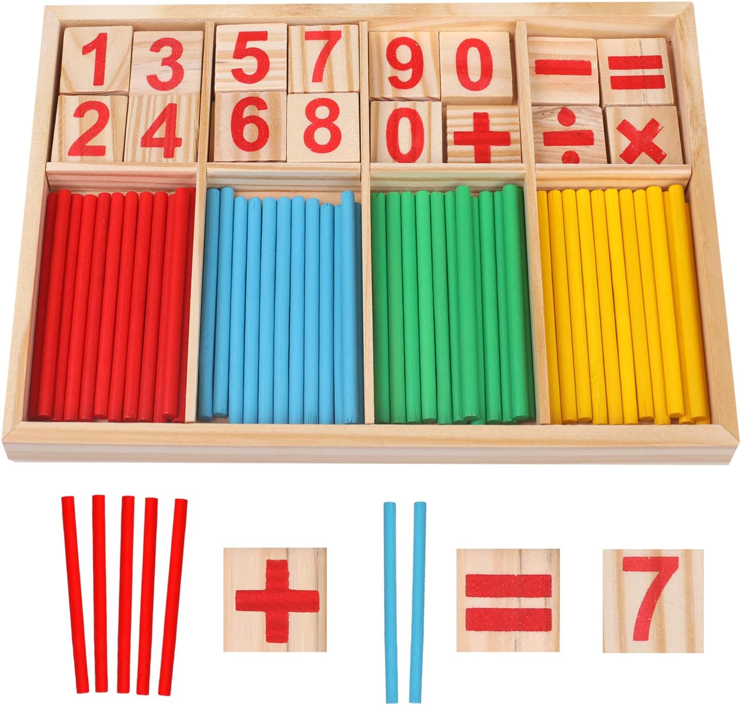 Wood Toy Counting Rods Mathematical Intelligence Sticks Wooden Number Cards Building Blocks gift for Kids Preschool Educational Toys(Colorful)