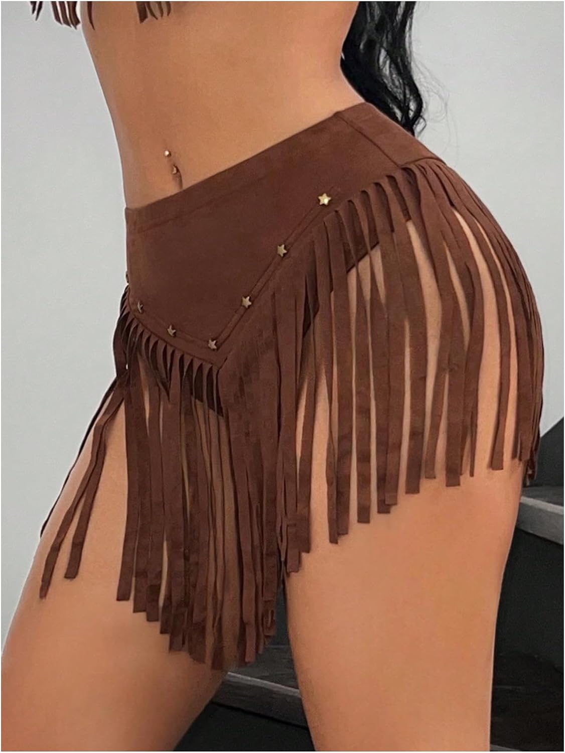 OYOANGLE Women's Beaded Fringe Trim Mini Skirt Suede Low Waist Flared Cowgirl Short Skirts