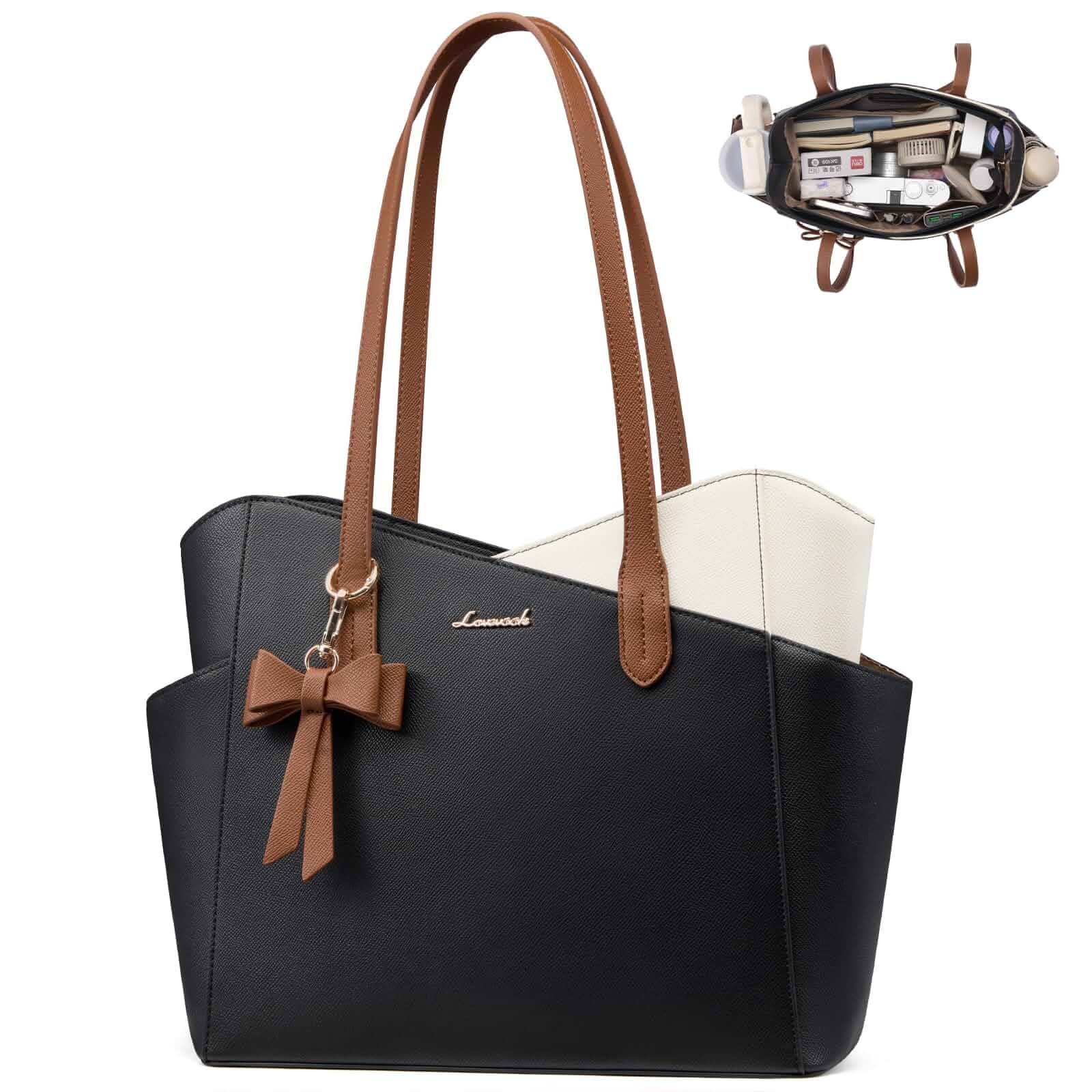LOVEVOOK Small Tote Purse for Women, 2026 Structured PU Leather Handbags Cute Color-Block Design, Waterproof Handbags Fits 30oz Tumbler & 11inch Ipad, Elegant Satchel Shoulder Bag, Gift for Women