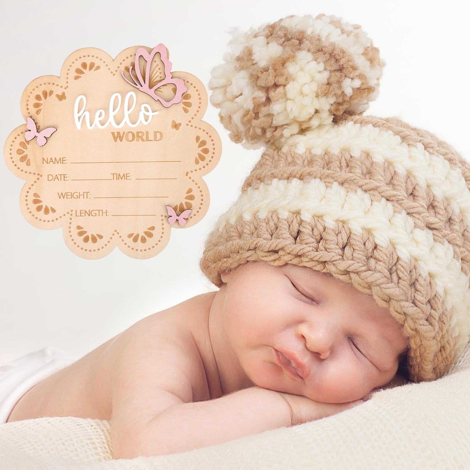 Bonjour le Monde Panneau Annonce de Naissance, Papillon en Bois Plaque Nominative pour Bébé Panneau d'Annonce Naissance pour Accessoires Photo Baby Shower Hôpital Décoration Chambre d'Enfant