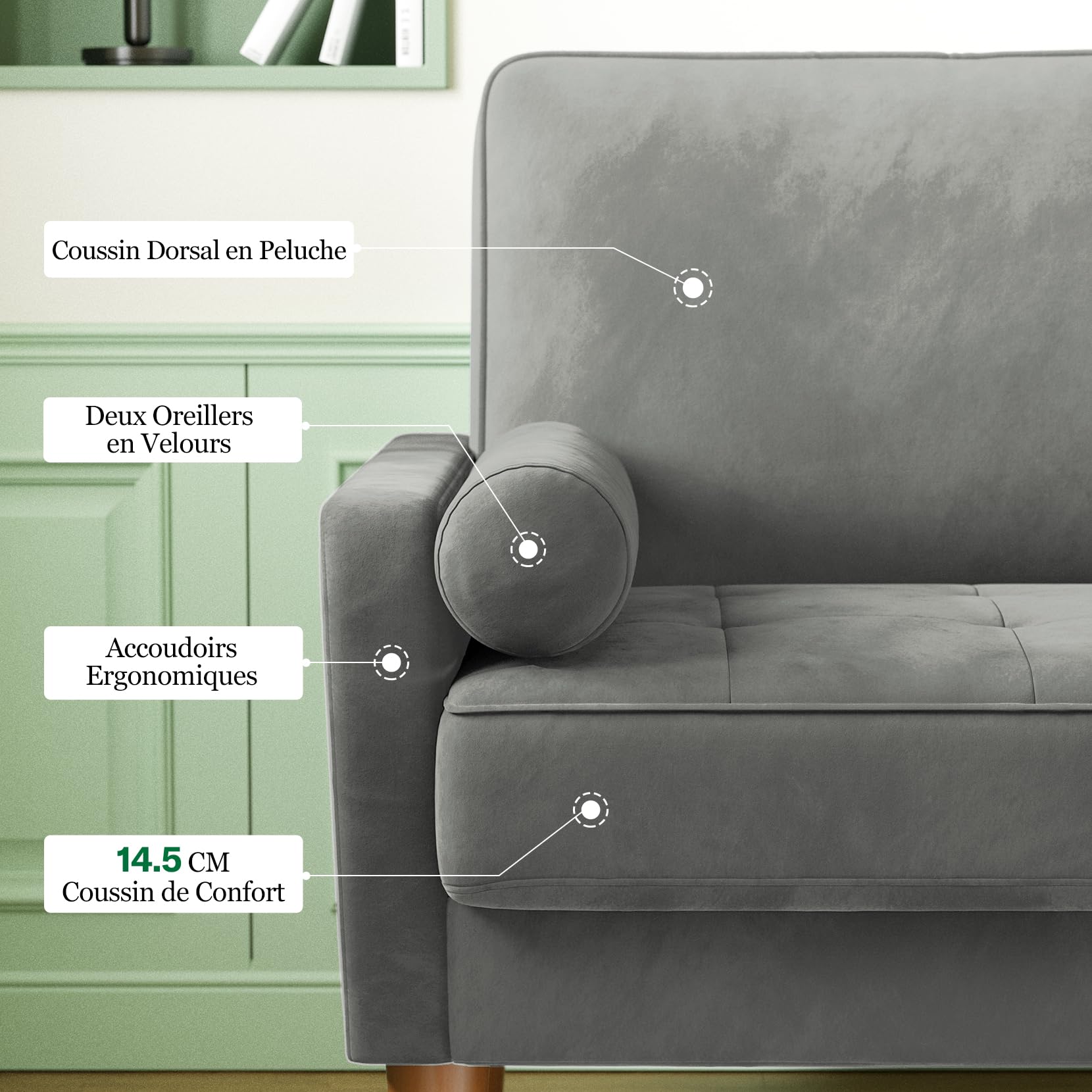 Vesgantti Petit Canapé 2 Places en Velours Gris 121cm Coussin à Ressorts, Accoudoirs, Salon Moderne, Causeuse Fixe