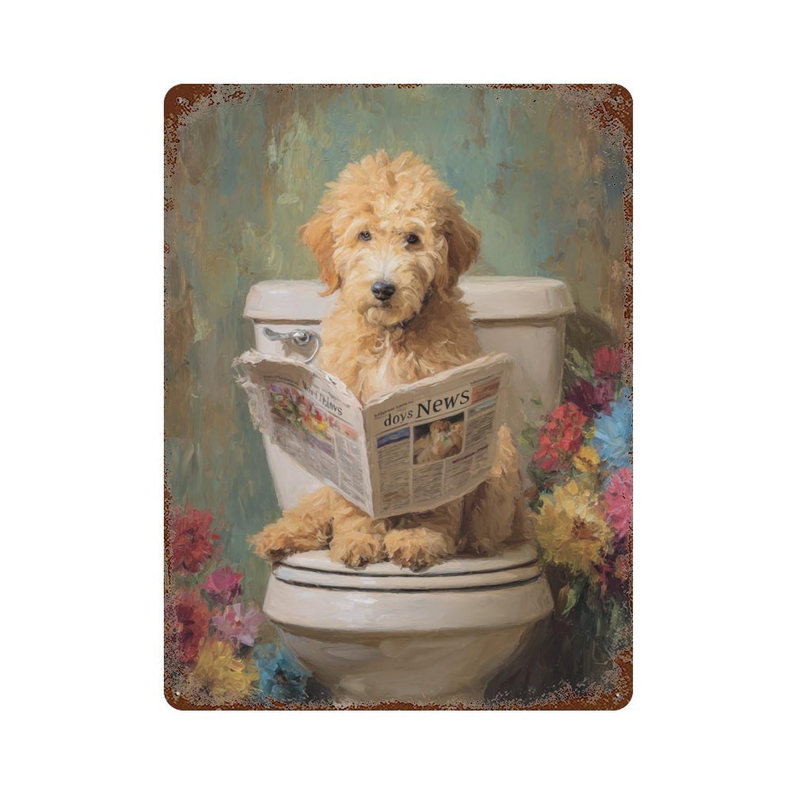 Dog Reading Newspaper on Toilet-80 Rust Effect Tin Sign 15.7"x11.8", Vintage Wall Decor for Bistro, Counter And Cafe Decor