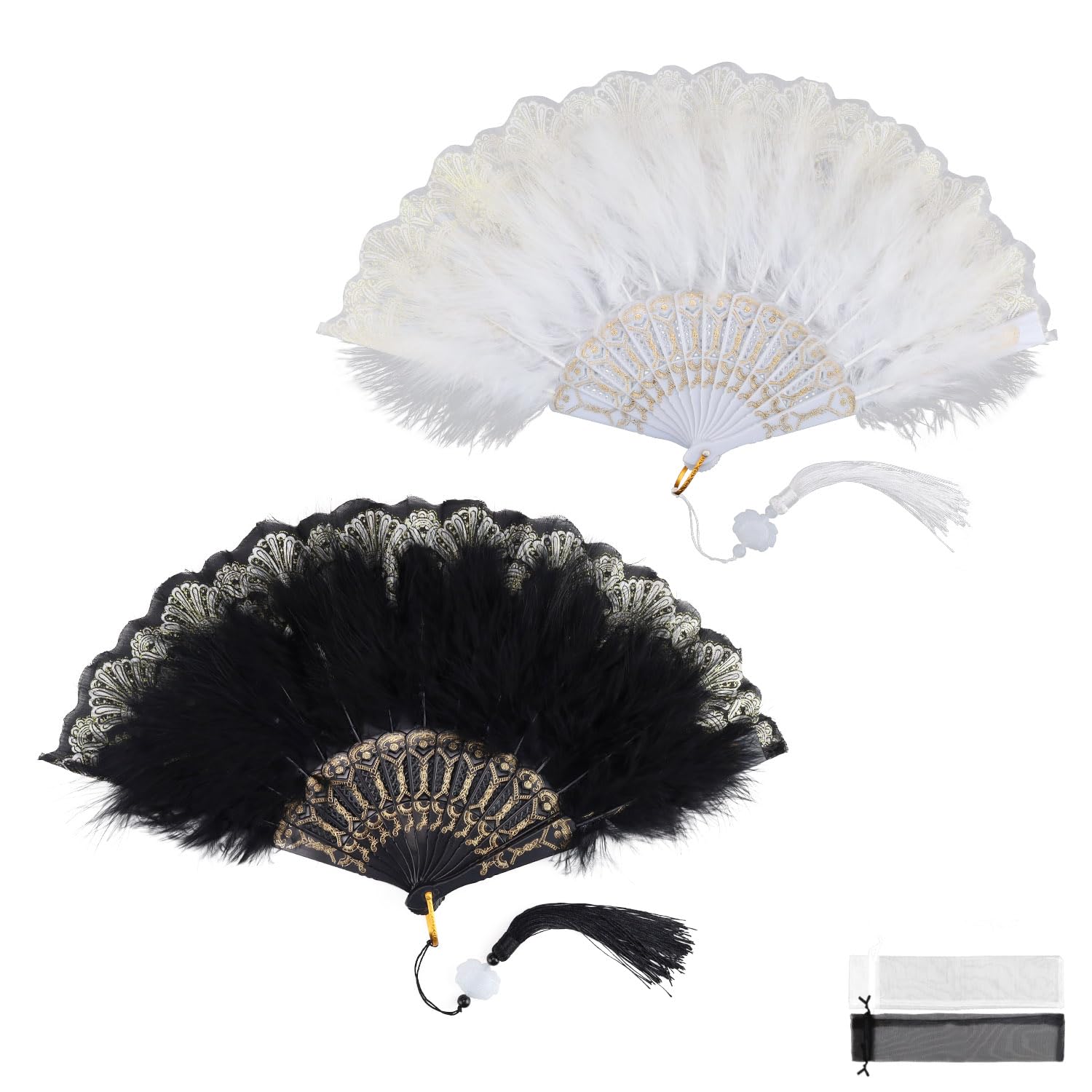 HASLEDPack of 2 Feather Hand Fans, Foldable Fan, Women's Chinese Fan, Fan with Tassels, Small Hand Fan Can Be Used for Wedding, Prom, Tea Party