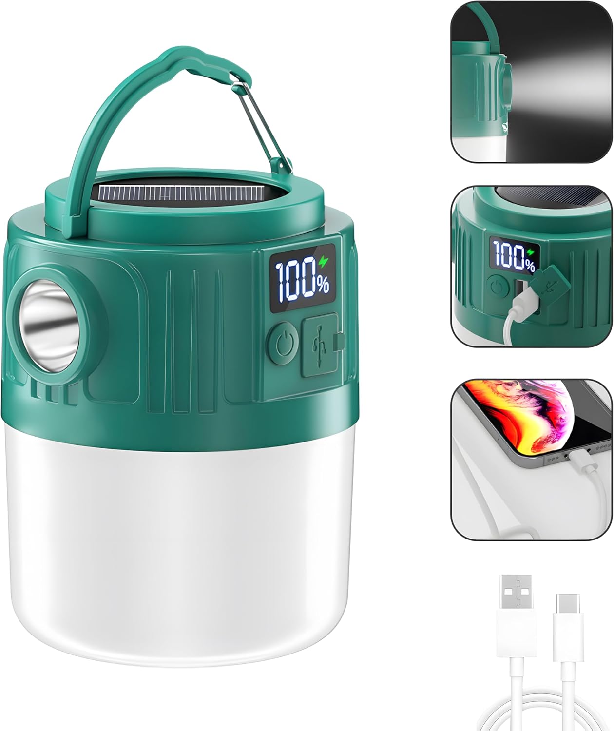 1200-3600mAH Lantern LED Solar Lamp, 5 Modes Rechargeable Tent Camping Light, Remote Control Waterproof Outdoor Portable Lantern Torch for Hiking, Camping, Home, Patio, Yard, Gazebo (Green 2400mAH)
