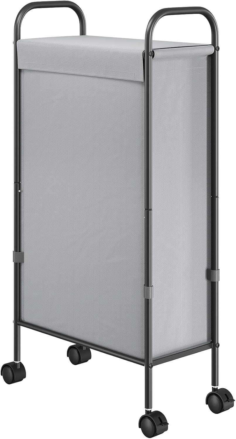 ELYKEN Slim Laundry Hamper with Lid, 50L Small Rolling Laundry Basket on Wheels, 7.9” Narrow Dirty Cloth Cart with Removable Inner Bag for Small Bathroom, Bedroom, Creamy