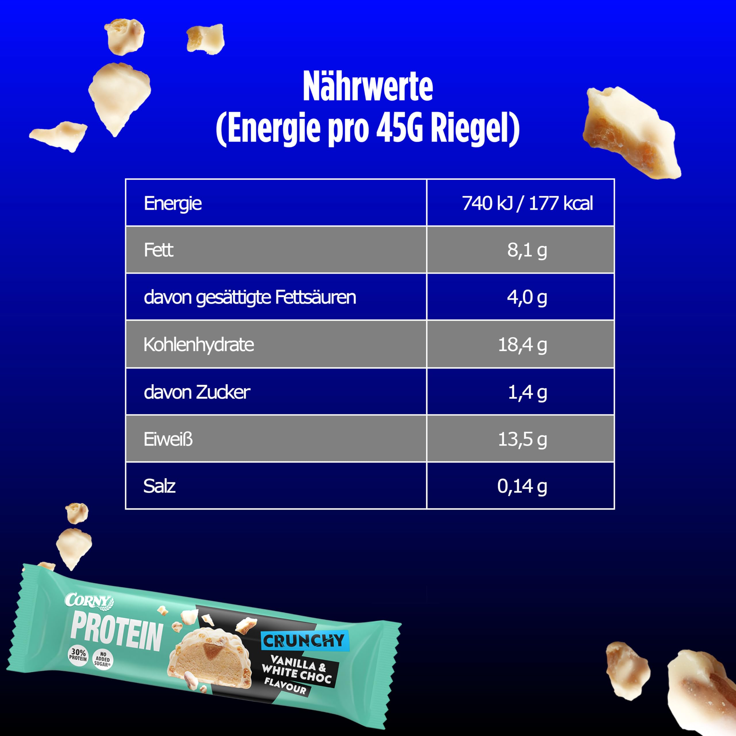 CORNY Protein Crunchy Cioccolato Bianco e Vaniglia, Barretta Proteica Senza Zuccheri Aggiunti*, 12 Barrette x 45g (Confezione da 2)