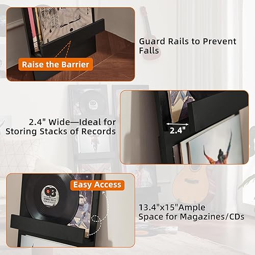 Miniatura 6 de LELELINKY Wall-Leaning Vinyl Record Holder with 3 Tier Display Shelf, 47.5'' Tall Record Storage Magazine Holder, Vinlys Stand Holder Holds Up to 15