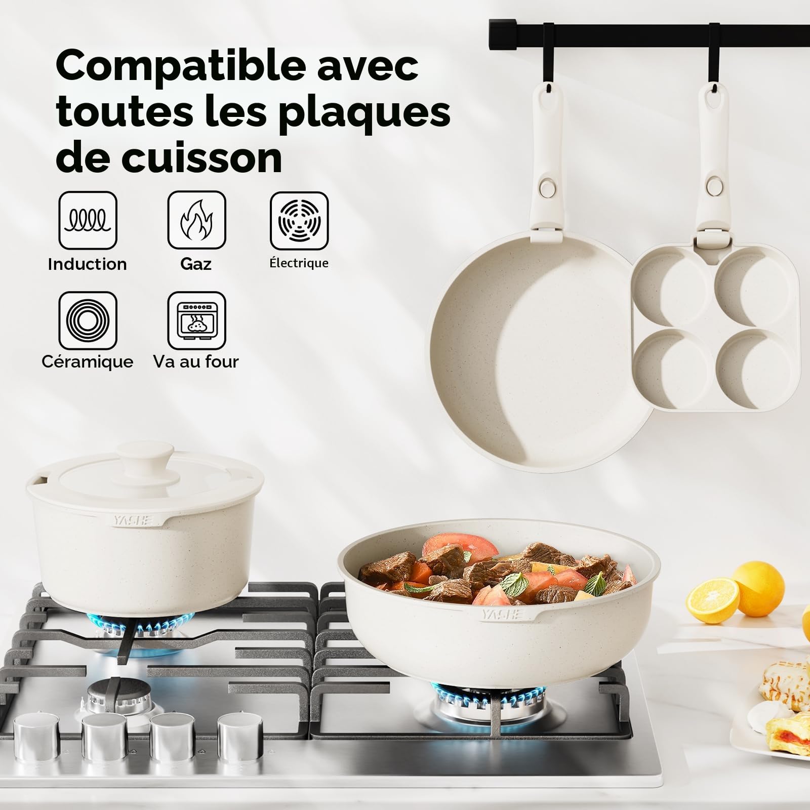 YASHE Batterie de Cuisine Induction Antiadhésive - Blanc, 20 Pièces