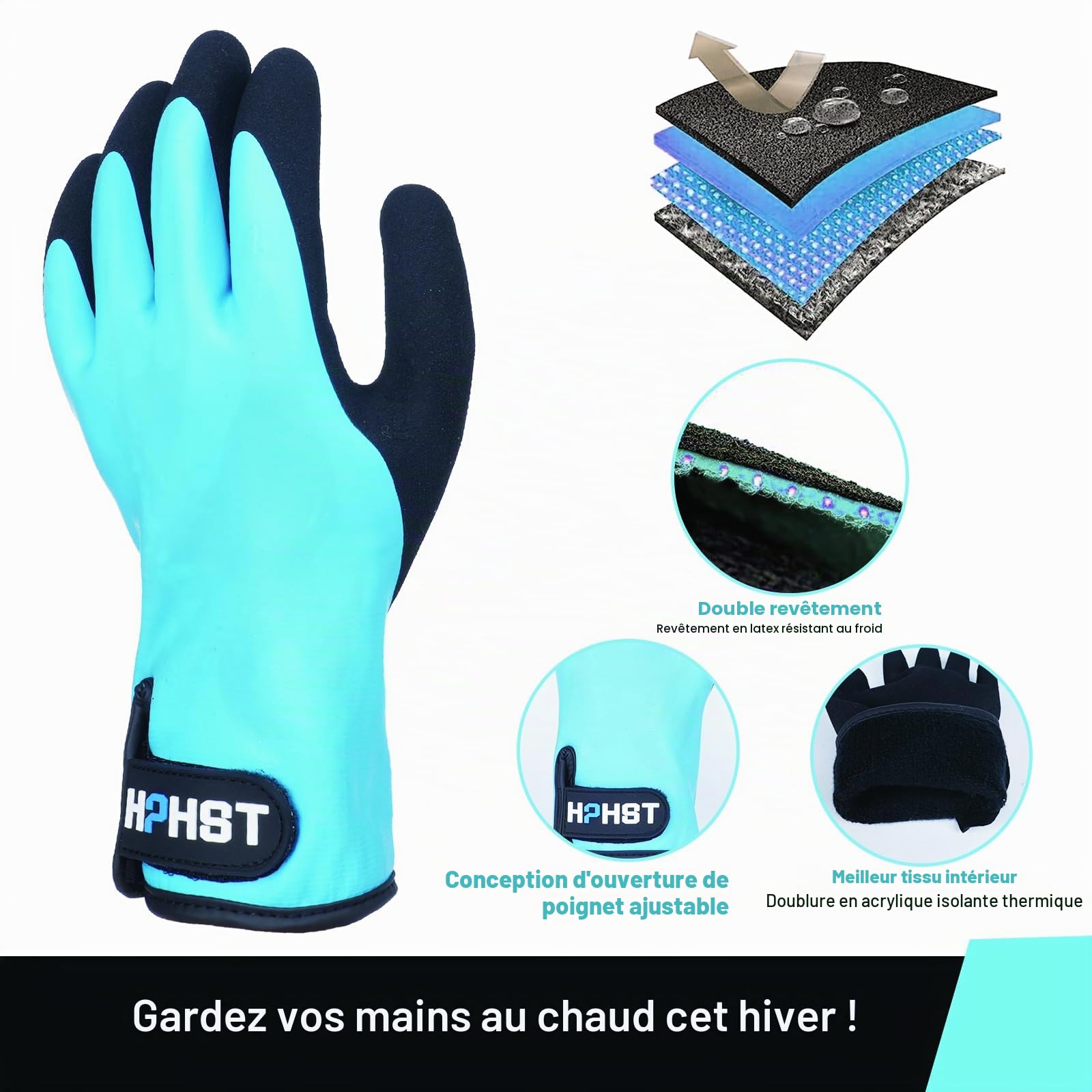 Lot de 3 paires de gants de travail, thermiques et chauds, imperméables et antidérapants, isolés avec double couche de nylon, pour l'hiver, (bleu, taille XL)