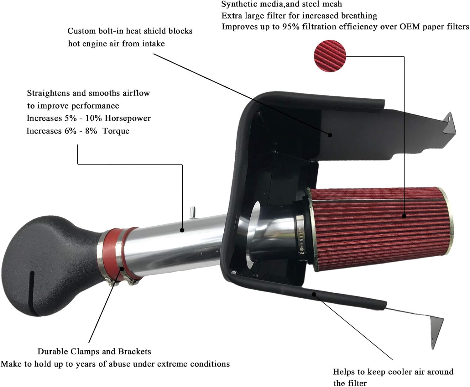 Cold Air Intake Kit with Filter fit for Dodge 1994-2001 Ram 1500 & 1994-2002 Ram 2500 V8 5.2L 5.9L Silver & Red