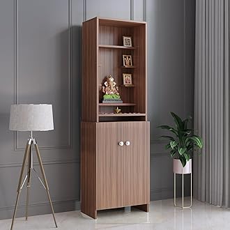 FURNEASER Shrisha Engineered Wood Pooja Mandir for Home | Modern Design Temple for Home & Office | Puja Stand Shelf | Puja Rack, Exotic Teak Finish, 161x50x28 cm