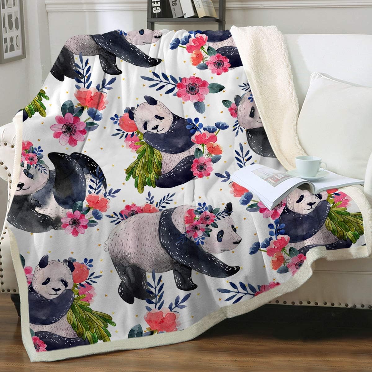 Sleepwish Girls Flowers Watercolor Panda Blanket Cute Boho Panda Bear Throws Chic Style Sherpa Fleece Blanket for Travel Picnic Camping Throw (50" X 60")