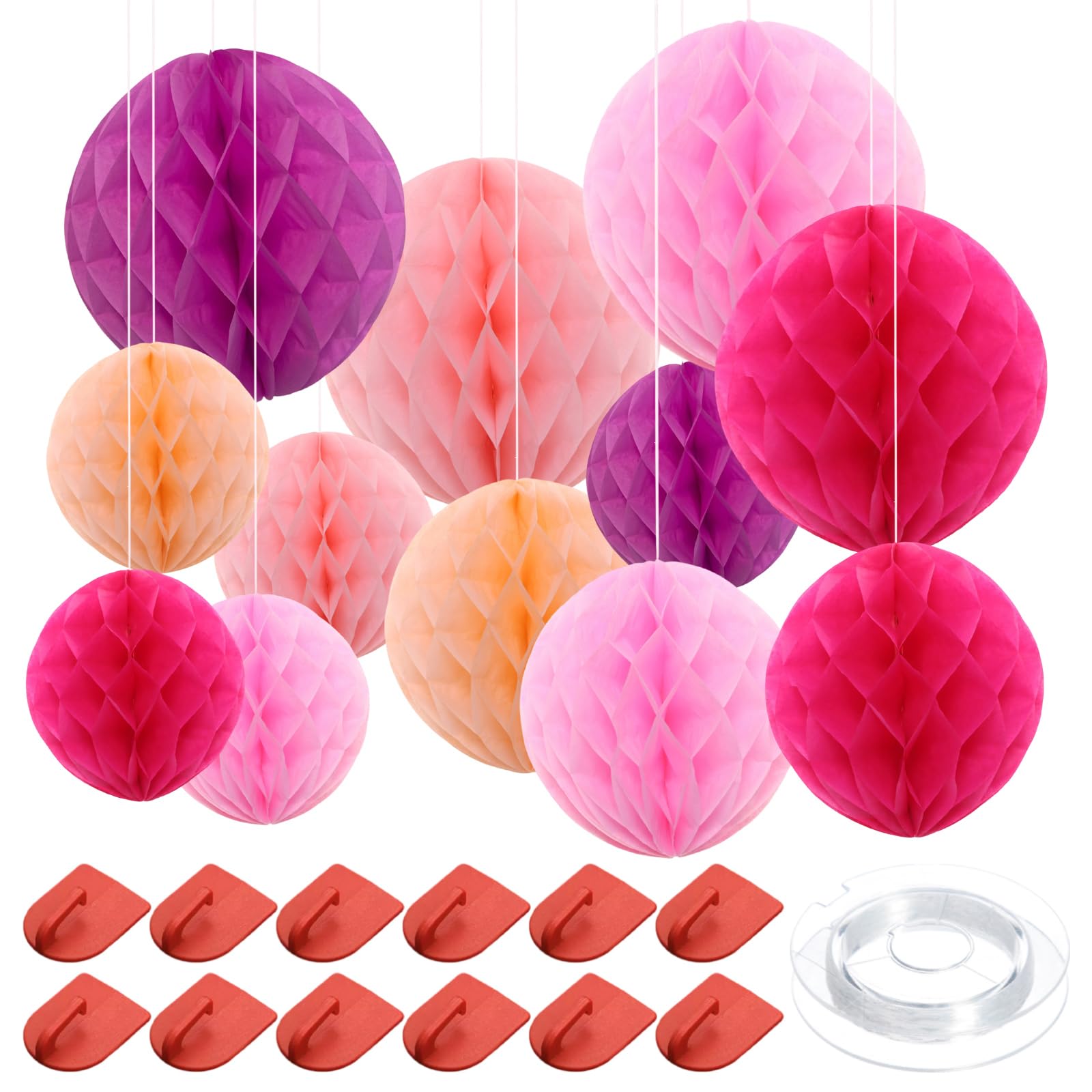 Paper Honeycomb Balls Pink Kit 25 Pcs Pink Hanging Honeycomb Decorations Kit with 15 20 25cm Sizes Hanging Tissue Pom Poms Paper with 12 Hooks and 60m Strings for Birthday Wedding Graduation Party