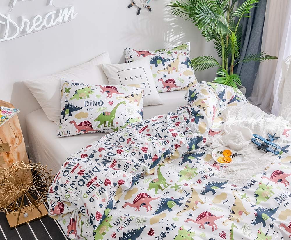 Duvet Cover Set Twin Size Kids Bedding Sets Comforter Cover with Soft Lightweight Microfiber 1 Duvet Cover and 1 Pillowcase (Twin,Dinosaur) White
