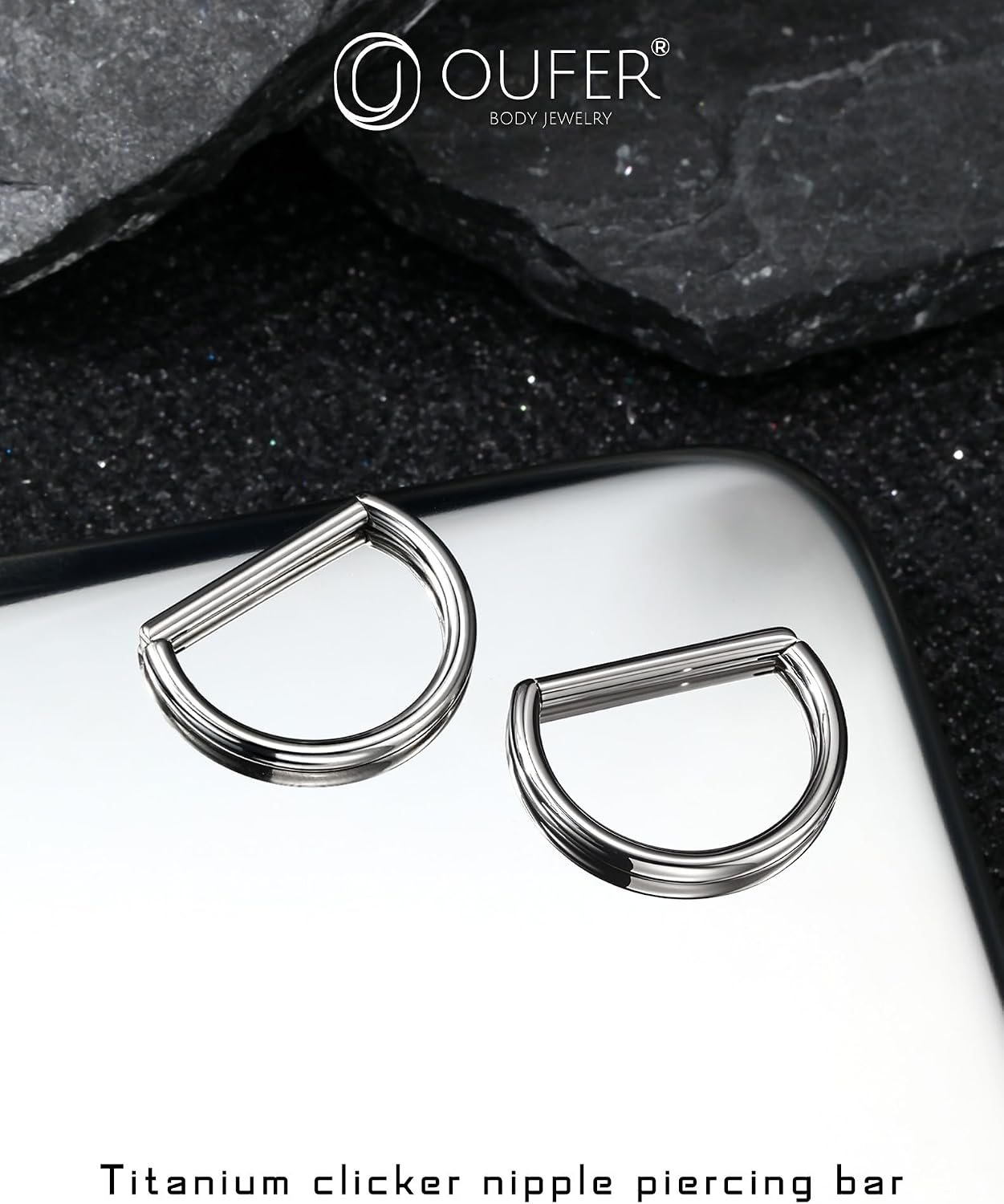 OUFER 2PCS Titanium Nipple Rings, D-shaped Nipple Piercing Jewelry, 14G Clicker Septum Daith Lightweight Body Piercing Jewelry for Women Men 14MM