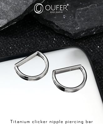 OUFER 2PCS Titanium Nipple Rings, D-shaped Nipple Piercing Jewelry, 14G Clicker Septum Daith Lightweight Body Piercing Jewelry for Women Men 14MM