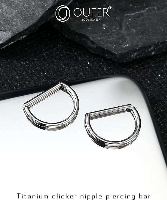 OUFER 2PCS Titanium Nipple Rings, D-shaped Nipple Piercing Jewelry, 14G Clicker Septum Daith Lightweight Body Piercing Jewelry for Women Men 14MM