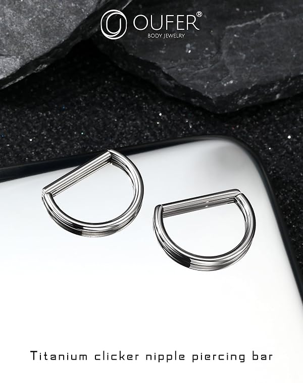 OUFER 2PCS Titanium Nipple Rings, D-shaped Nipple Piercing Jewelry, 14G Clicker Septum Daith Lightweight Body Piercing Jewelry for Women Men 14MM by OUFER - Used condition - Image 2