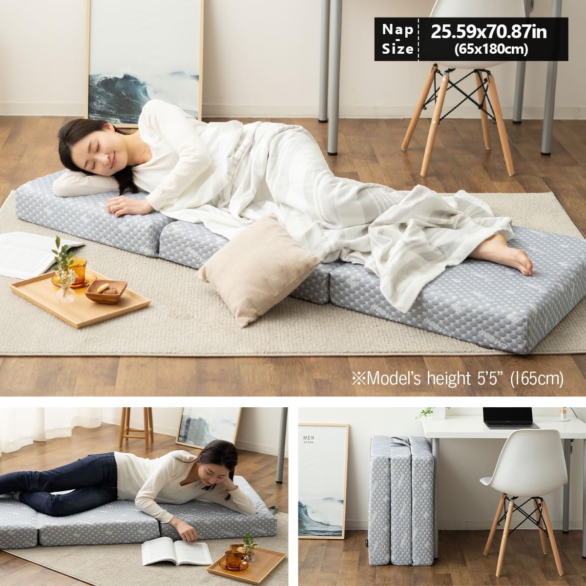 EMOOR Dreifach Faltbar Kompakt Matratze Luxe (65 x 180 cm) Grau, Urethan Abnehmbarer Bezug Outdoor Camping Tragbar Gästegriffe Japanische Futonmatratze Tatami