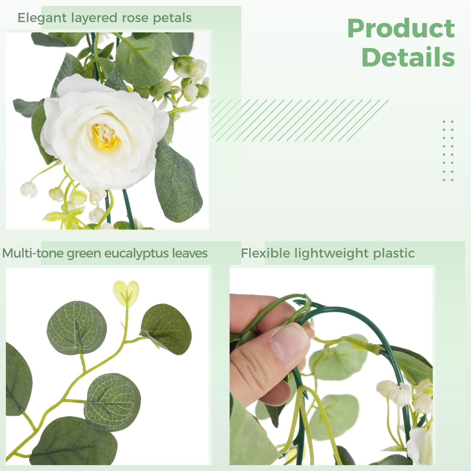 4 Stück hängende Girlande, 180 cm, Eukalyptus-Ranken mit weißen Rosen, perfekt für Hochzeitsbögen, Heimdekoration