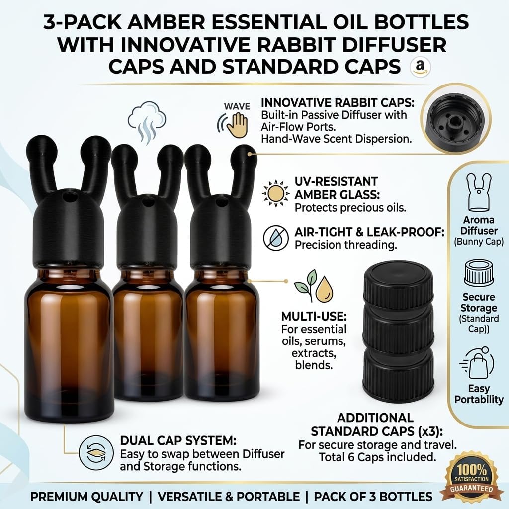 Essential Oil Nasal Inhaler, 3-Pack Double Hole Aromatherapy Inhaler with Cover - Portable Mini Perfume Dispenser for Refillable Scent Diffusion, PETG Material (Brown & Black)