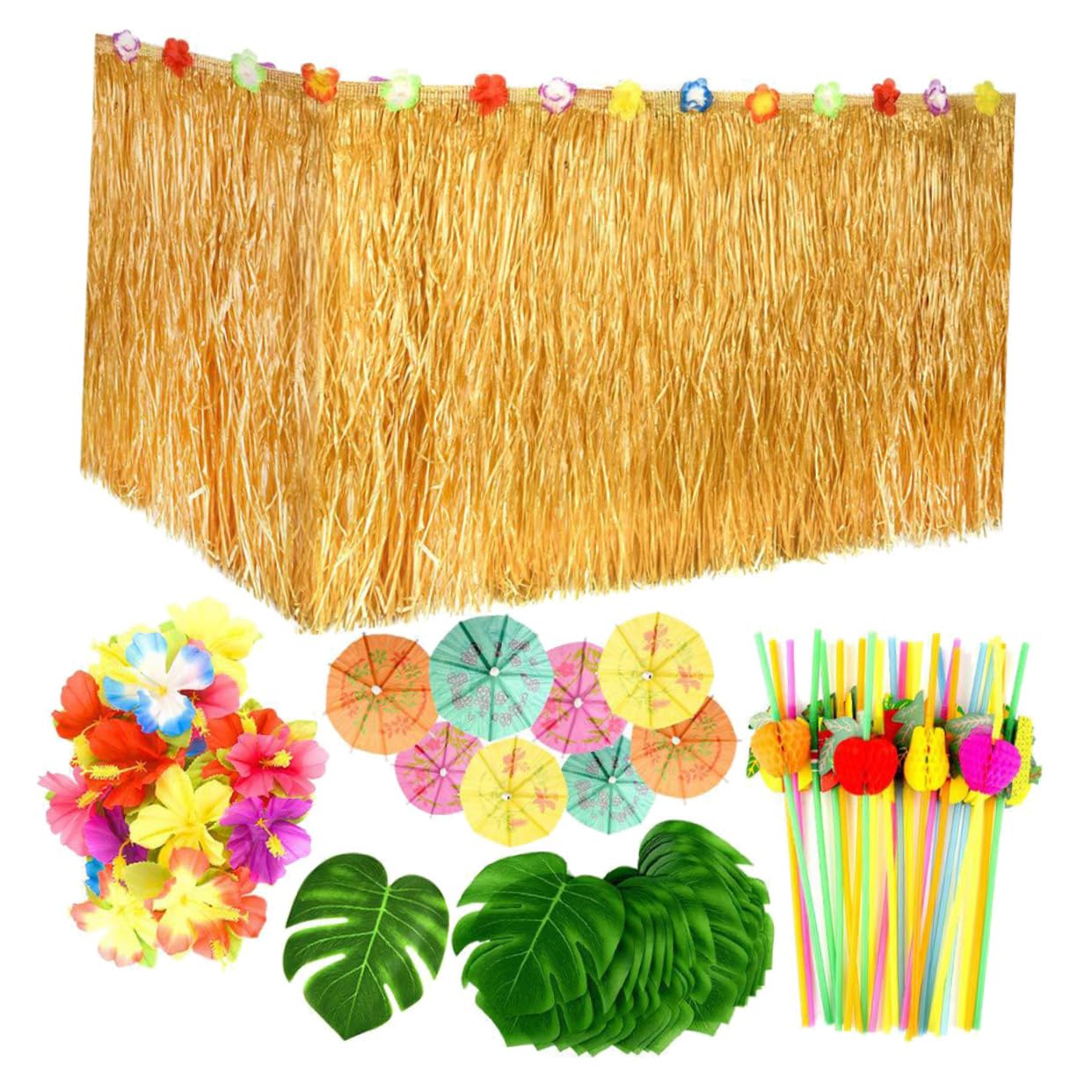 COLLBATH 1Set Party Decoration Table Skirt with Monstera Leaves Hibiscus Flowers Assorted Color Umbrella Toppers Straws Grass Table Skirt for Tropical Theme