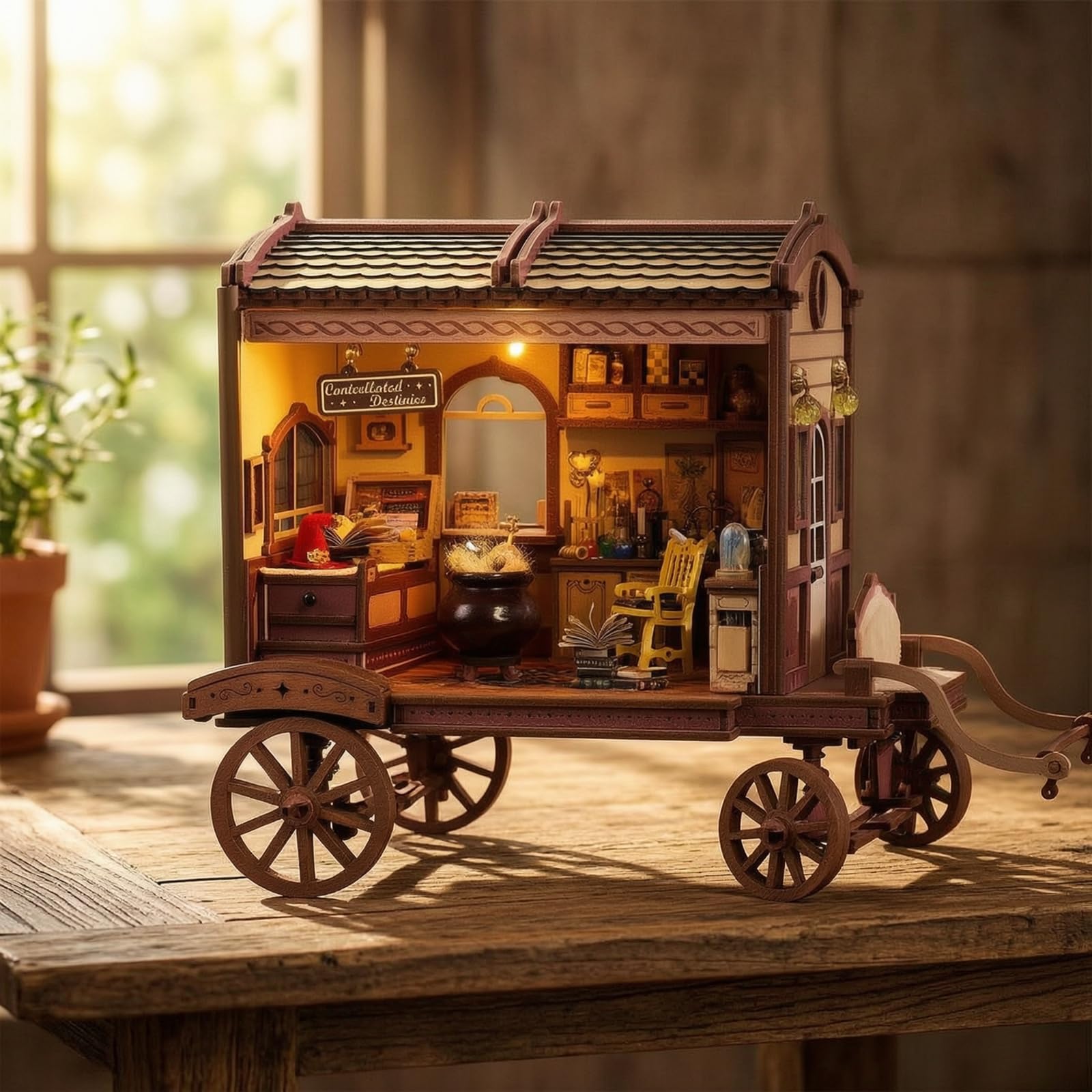 Casa Miniatura in Stile Carrozza con E Interruttore a Sfioramento Kit Fai da Te in Legno E Tessuto LED Integrato Musica Adatta per Mensola Scrivania Decorazione Stanza