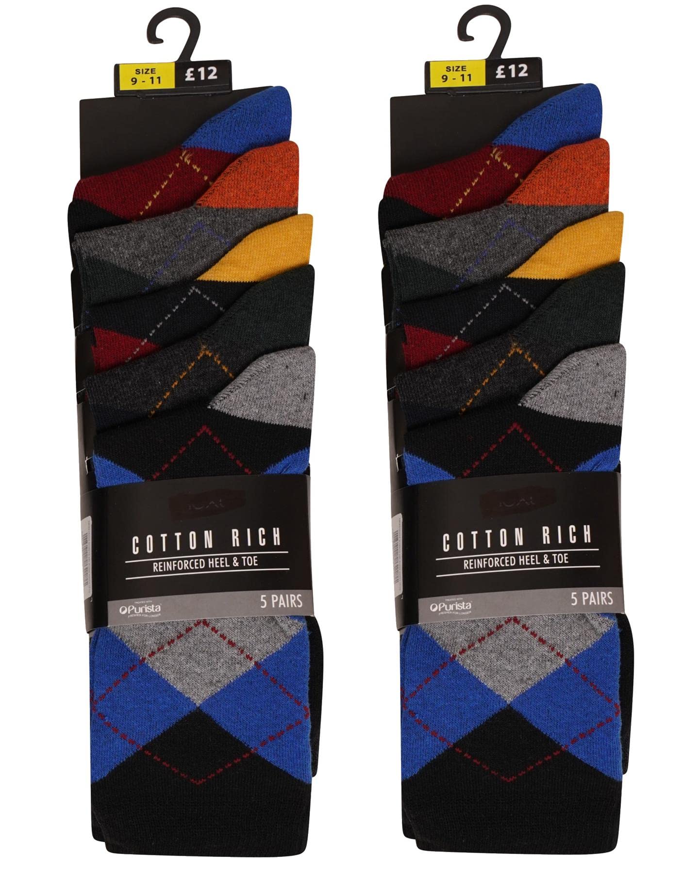 K CollectionMens Ex Store Socks - 10 Pack - Cotton Rich Purista - Argyle Socks - Assorted Colours - UK Shoe Size 9-11