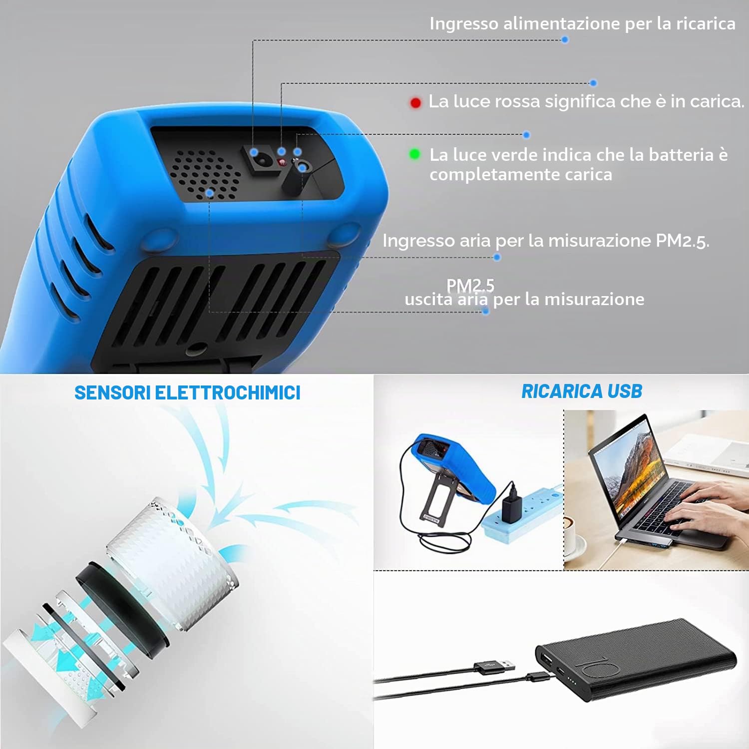 Monitor di qualità dell'aria interno PM2,5/PM10/PM1,0 portatile, WapoRich rilevatore di inquinamento qualità dell'aria rileva la polvere per casa/ufficio/scuole/auto, ricaricabile - RQ-5800M