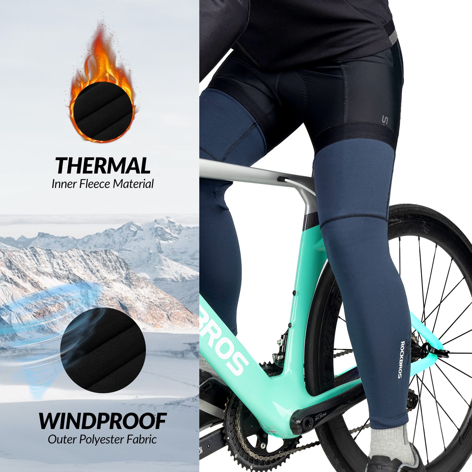 ROCKBROS Manchettes/Jambières Thermiques Hiver Élastique Couvre de Bras/Jambes Coupe Vent pour Course Cyclisme Basketball Randonné Pêche Basketball Golf Homme Femme Noir Vert/Bleu S-3XL (1 Paire)