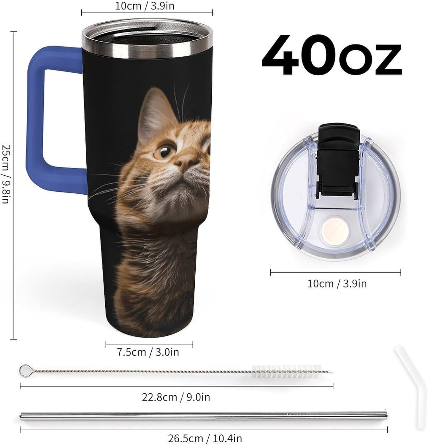 Cat Looks Up Tumbler 40 Oz with Handle&Lid Large Car Cup Stainless Steel Vacuum Travel Mug Insulated Water Bottle Leak-proof Portable Coffee Cup for Home Car Outdoor