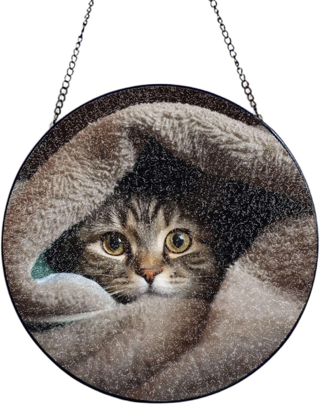 Stained Glass Window Hanging 4in（10cm）, Cat Under Blanket Sun Catchers Indoor Window, Stained Glass Suncatcher Ornament with Metal Chain, Wall Art Home Decor Gift for Women Mother's Day