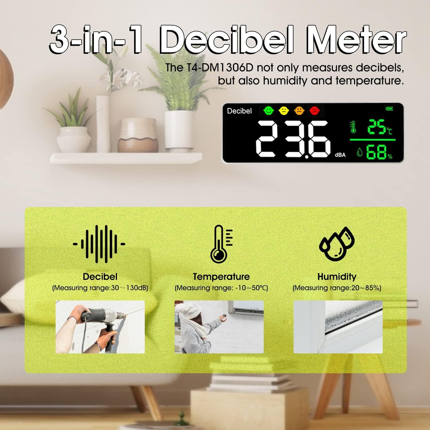 Digitaler Dezibel Messgerät db Messgerät Intelligenter GeräUschdetektor mit LED-Anzeige Lärm Temperatur Dezibel Messgerät mit Aufzeichnung Feuchtigkeit 30-130dB Bereich Lärm Dezibel Meter