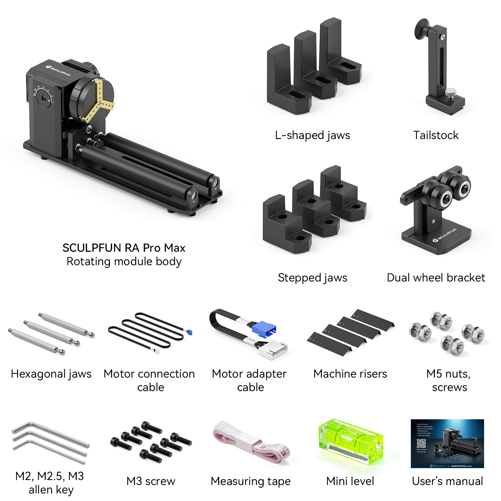 SCULPFUN RA Pro Max - Rodillo giratorio 4 en 1, portabrocas giratorio para grabador láser S9, S30 Ultra y A9, módulo de grabado multifunción eje Y