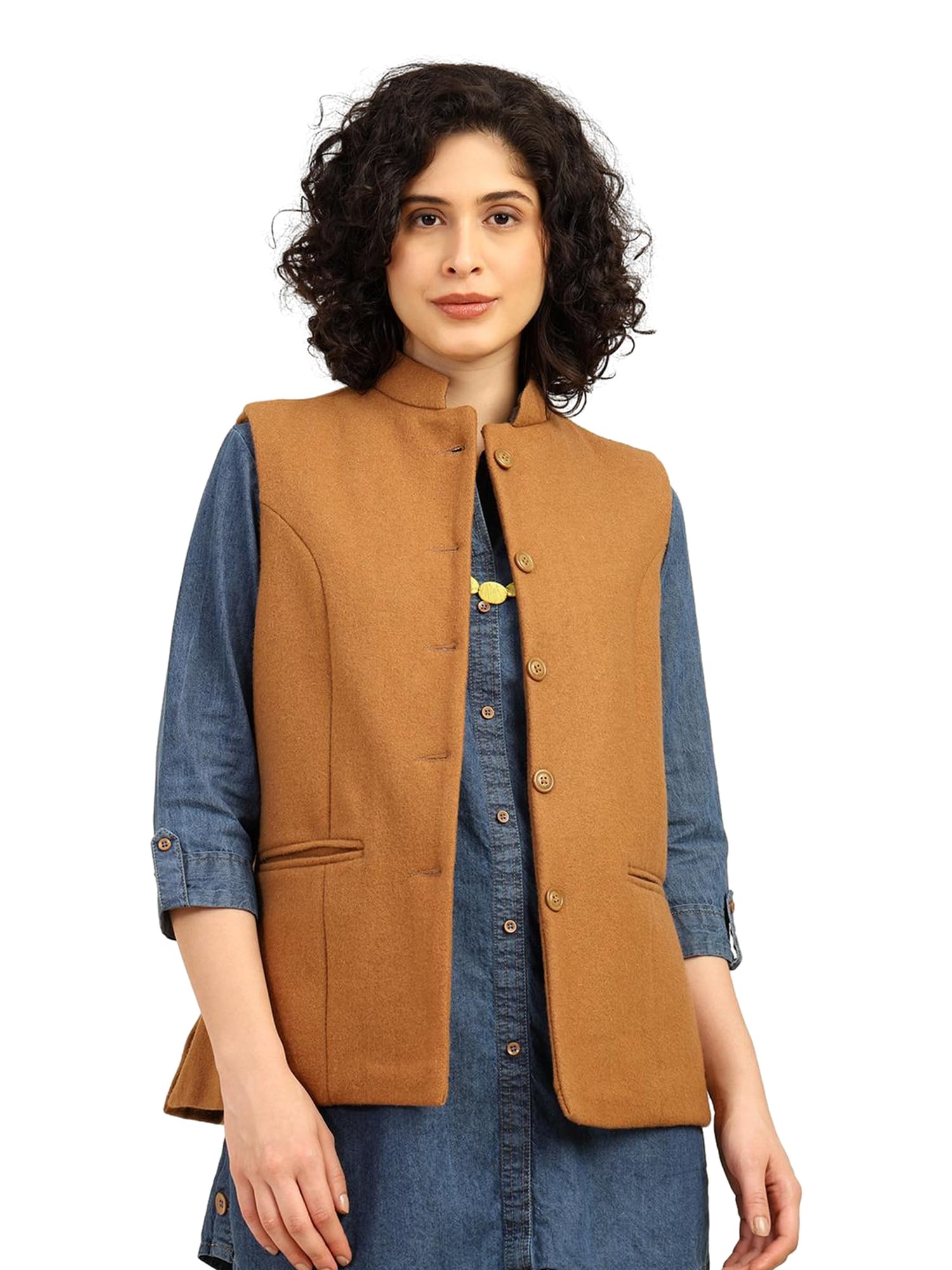 Just Beyond Women Nehru Jacket, Woollen Sleeveless Winter Wear In Solid Colour, Stylish Traditional Ethnic Waistcoat With Mandarin Collar & Front Open Button Down Closure
