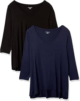 Amazon Essentials Women's 3/4 Sleeve V-Neck Swing T-Shirt (Available in Plus Size), Pack of 2