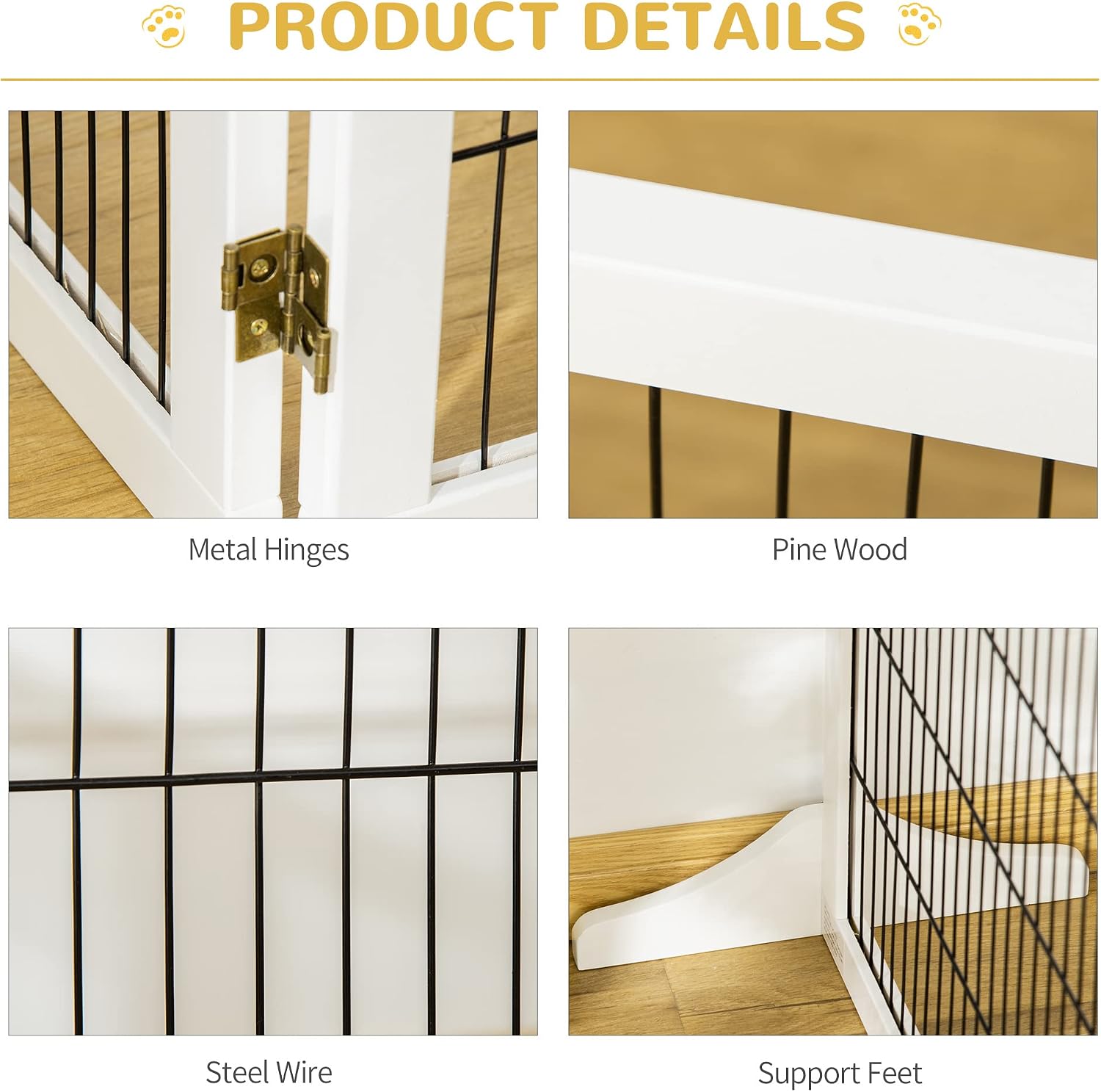 Wooden Dog Gate, 170" Freestanding Pet Gate, 6-Panel Foldable Dog Safety Barrier with 2 Support Feet for House Doorway Stairs, Small and Medium Dogs, White
