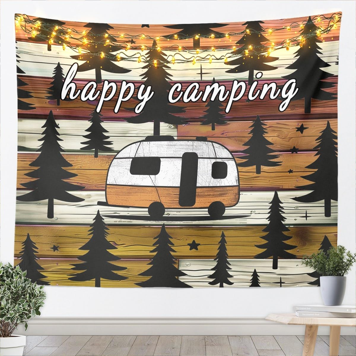 jejeloiu Yellow Camper Tapestry Large 59"x82" Happy Camping Wall Art for Kids RV Camping Car Accessories for Travel Vintage Tree Wall Hanging Blanket Women Men Teens Decor All Season